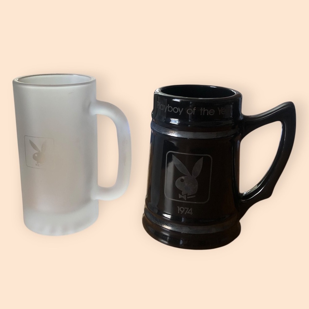 Vintage Playboy 1974 Logo Beer Mugs Frosted Clear & Black Pair (2) Retro Barware